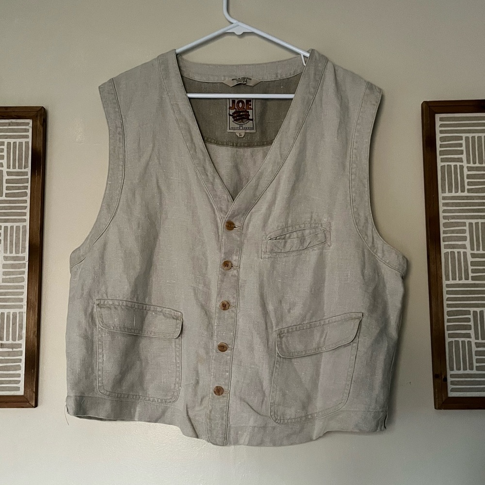 Joseph Abboud Mens Casual  100% Linen Button Down Cargo Front Pocket Vest Size L